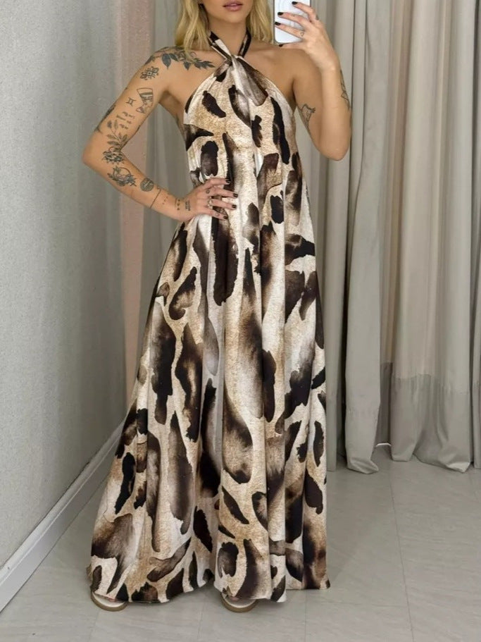 Abstract Animal Print Twist Halter Neck Backless Flowy Maxi Dress 2
