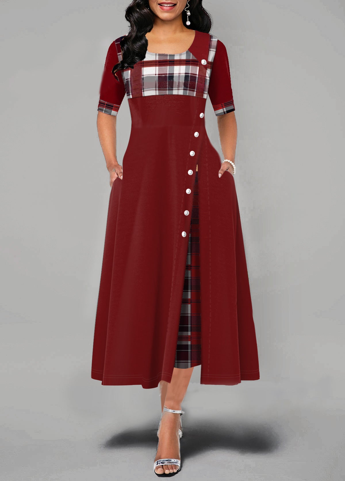 Plaid Panel Square Neck Half Sleeve Button Split A-Line Midi Dress 5