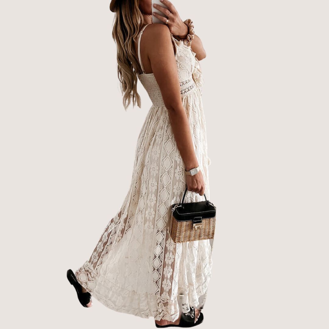 Exclusive Flavia Bohemian Lace Midi Dress with High Low Hem Premium Wardrobe Essential
