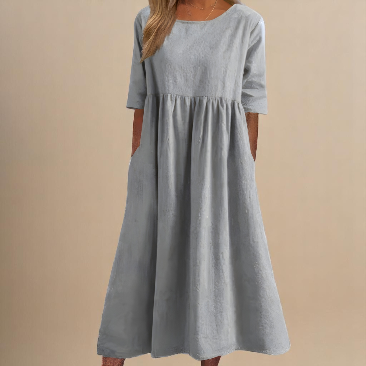 Round Neck Half Sleeve Pocket Babydoll Midi Dress