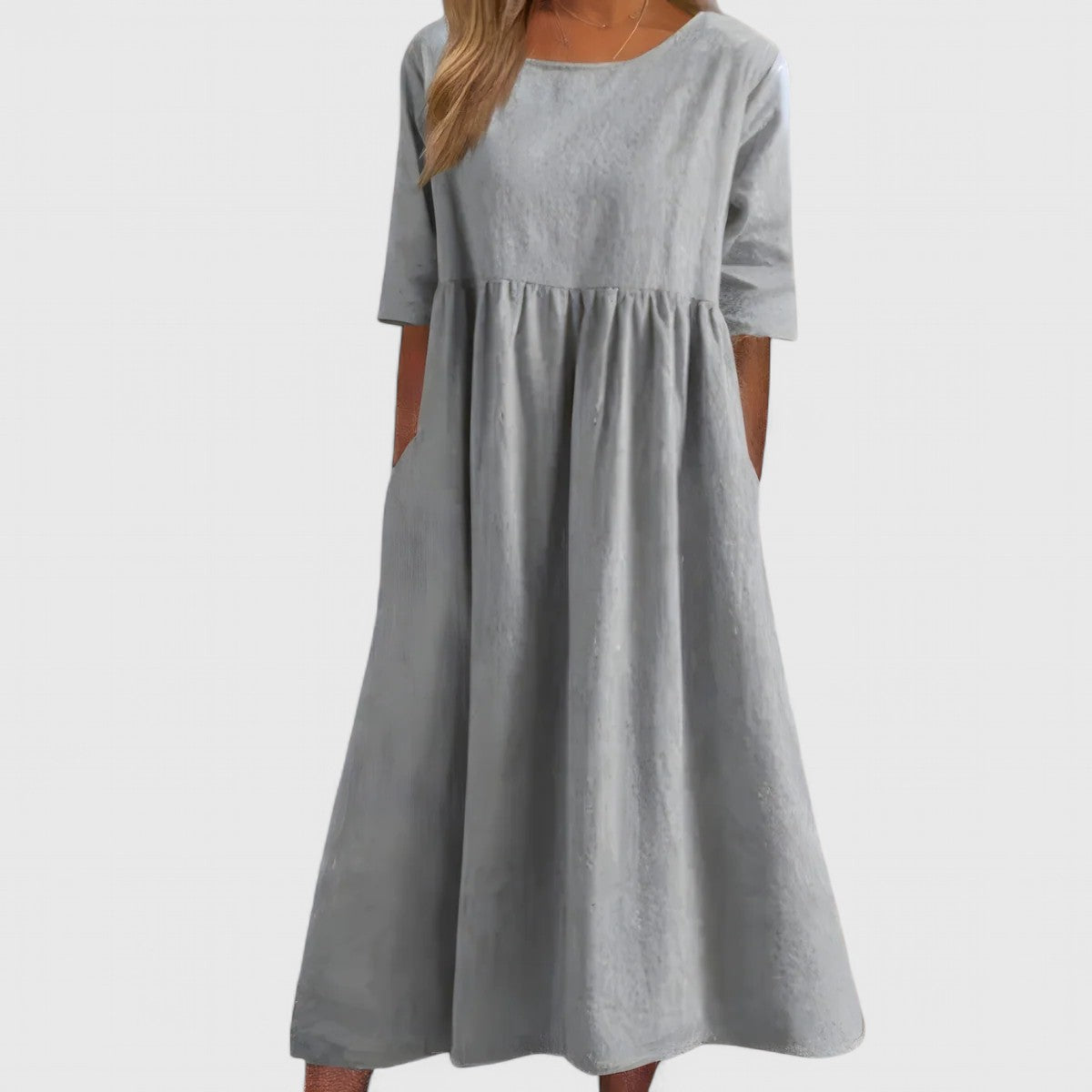 Scoop Neck Short Sleeve Pocket A-Line Midi Dress