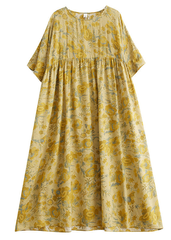 Floral Print Round Neck Dropped Shoulder Elbow Sleeve Empire Waist Pleated Maxi Summer Dress