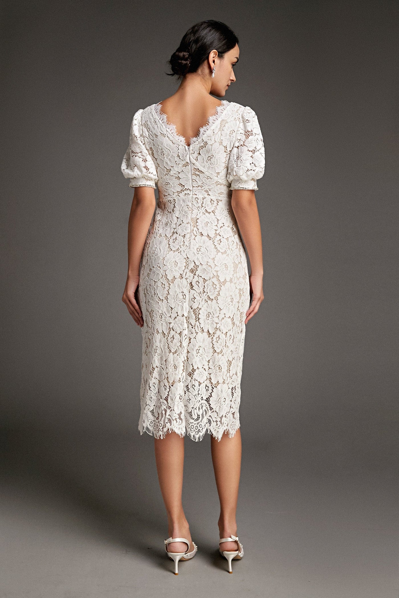 White Lace Overlay V-Neck Rhinestone Detail Midi Dress - View 4