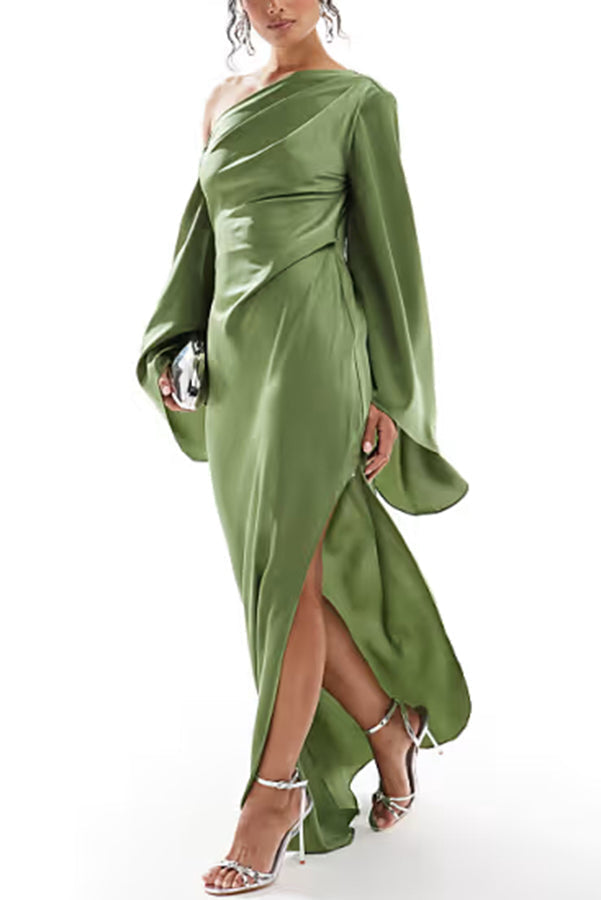 Satin One Shoulder Cape Sleeve High Split Asymmetrical Maxi Dress 5