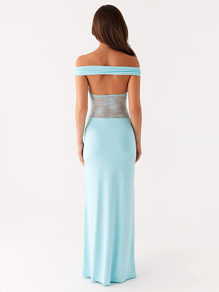 Women Clothing Solid Color off Shoulder Backless Lace Stitching A line Maxi Dress
