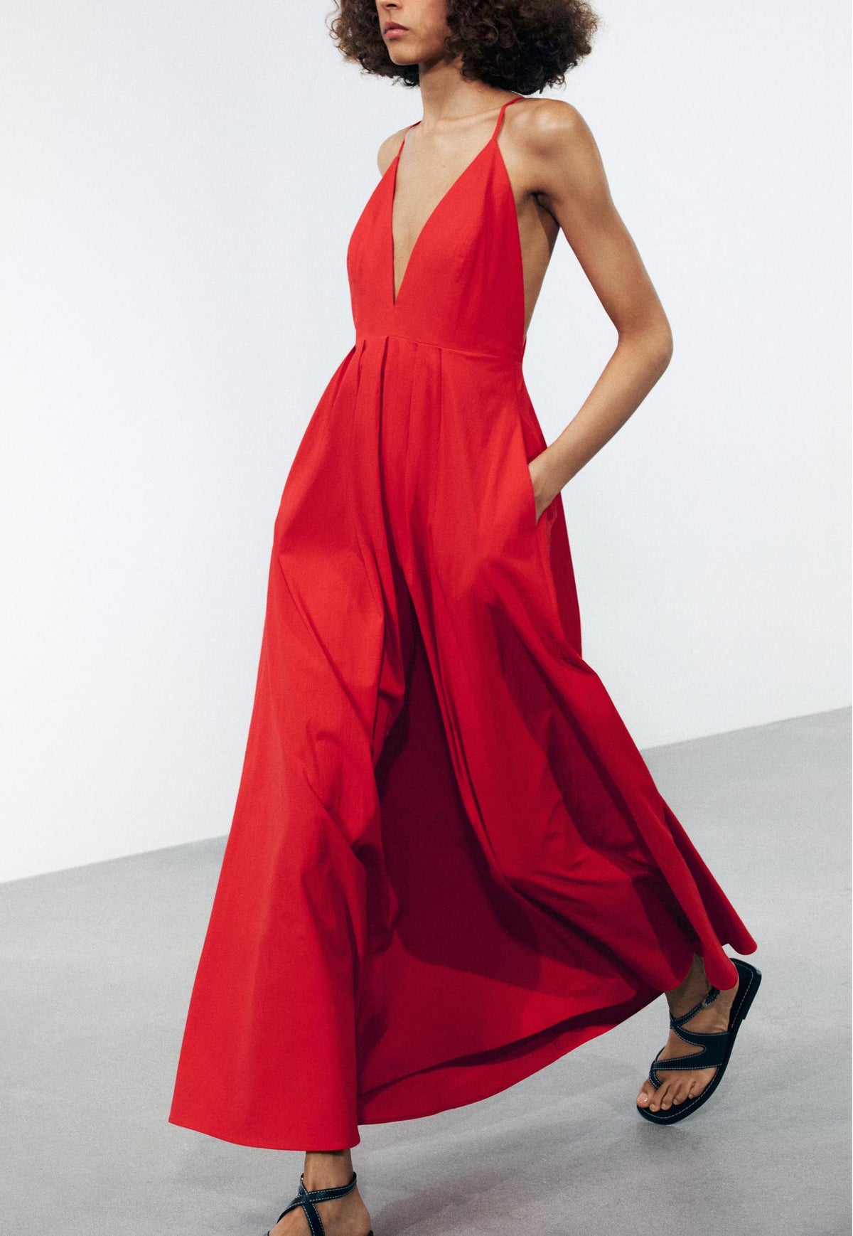 Deep V-Neck Spaghetti Strap Open Back Pleated A-Line Maxi Dress