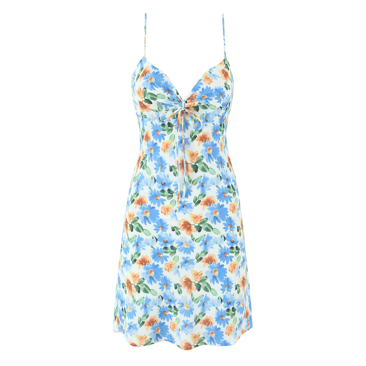 Floral Print Tie Front Spaghetti Strap V-Neck Mini Slip Dress 2