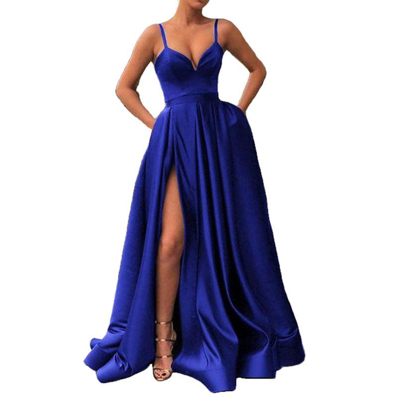 Satin Plunging V-Neck Spaghetti Strap Pleated Pocket High Split Maxi Gown