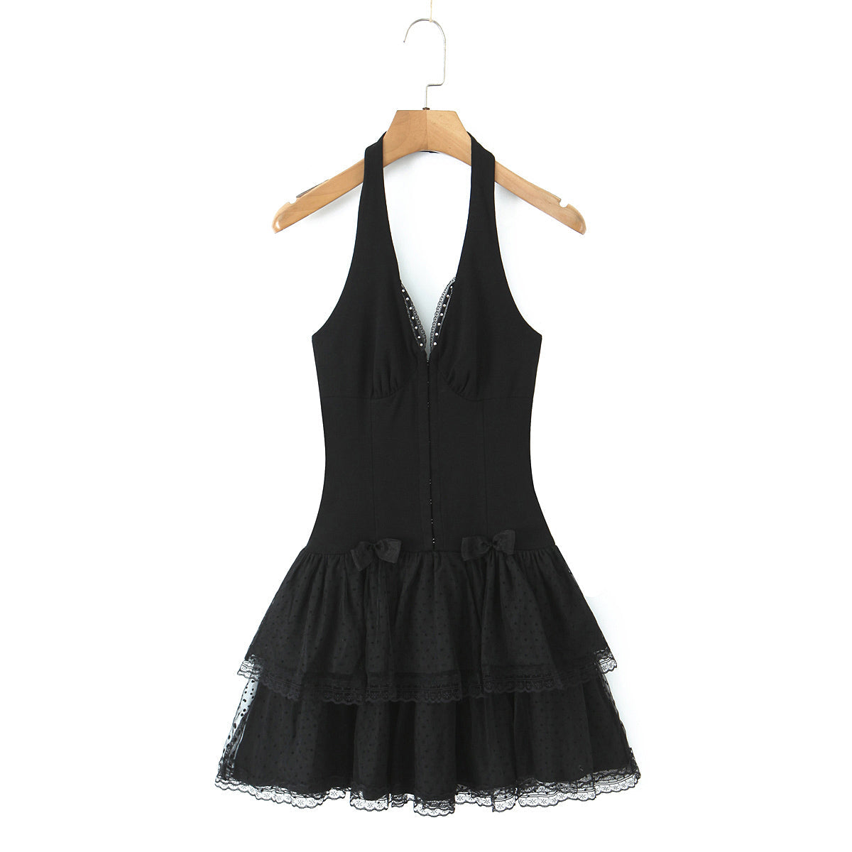 Halter Neck Deep V-Neck Lace Trim Bow Waist Tiered Ruffle Mesh Mini Dress