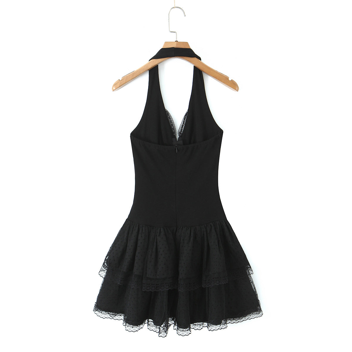 Halter Neck Deep V-Neck Lace Trim Bow Waist Tiered Ruffle Mesh Mini Dress