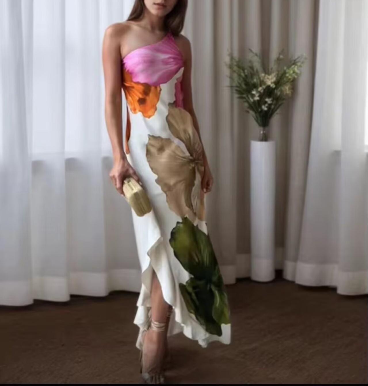 Sexy Sling Shoulder Dress Printed Sleeveless Split Backless Asymmetric Dress Women