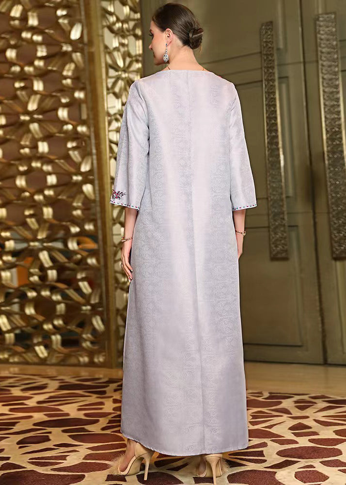Jacquard Floral Embroidery Round Neck Bell Sleeve Kaftan Maxi Dress