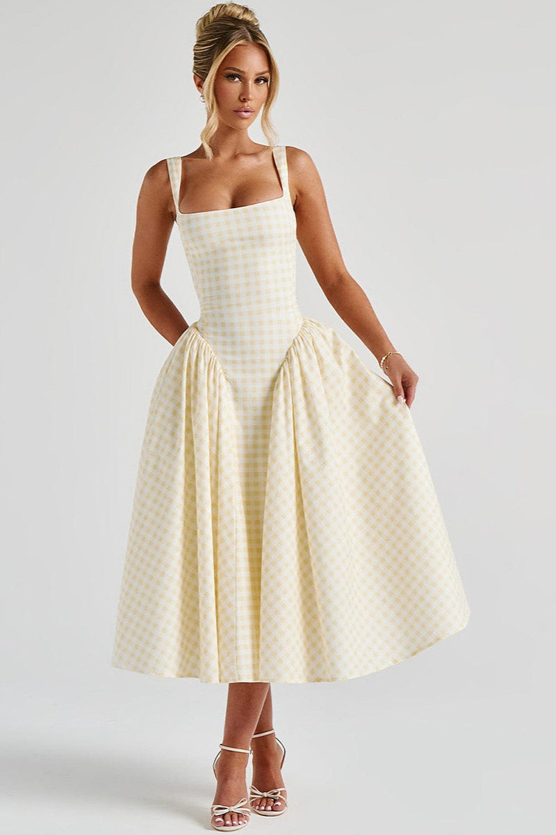 Plaid Square Neck Sleeveless Fit and Flare Midi Dress