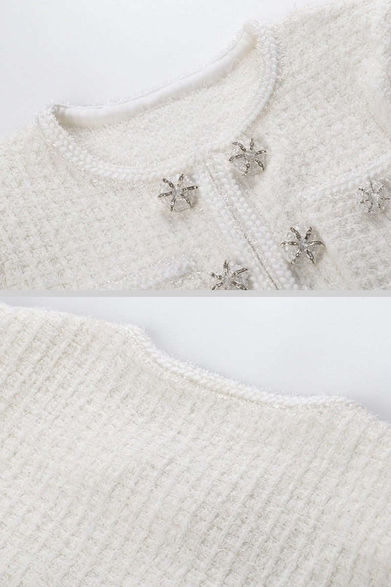 Waffle Knit Round Neck Crystal Floral Button Patch Pocket Ruffle Hem Mini Dress - View 10