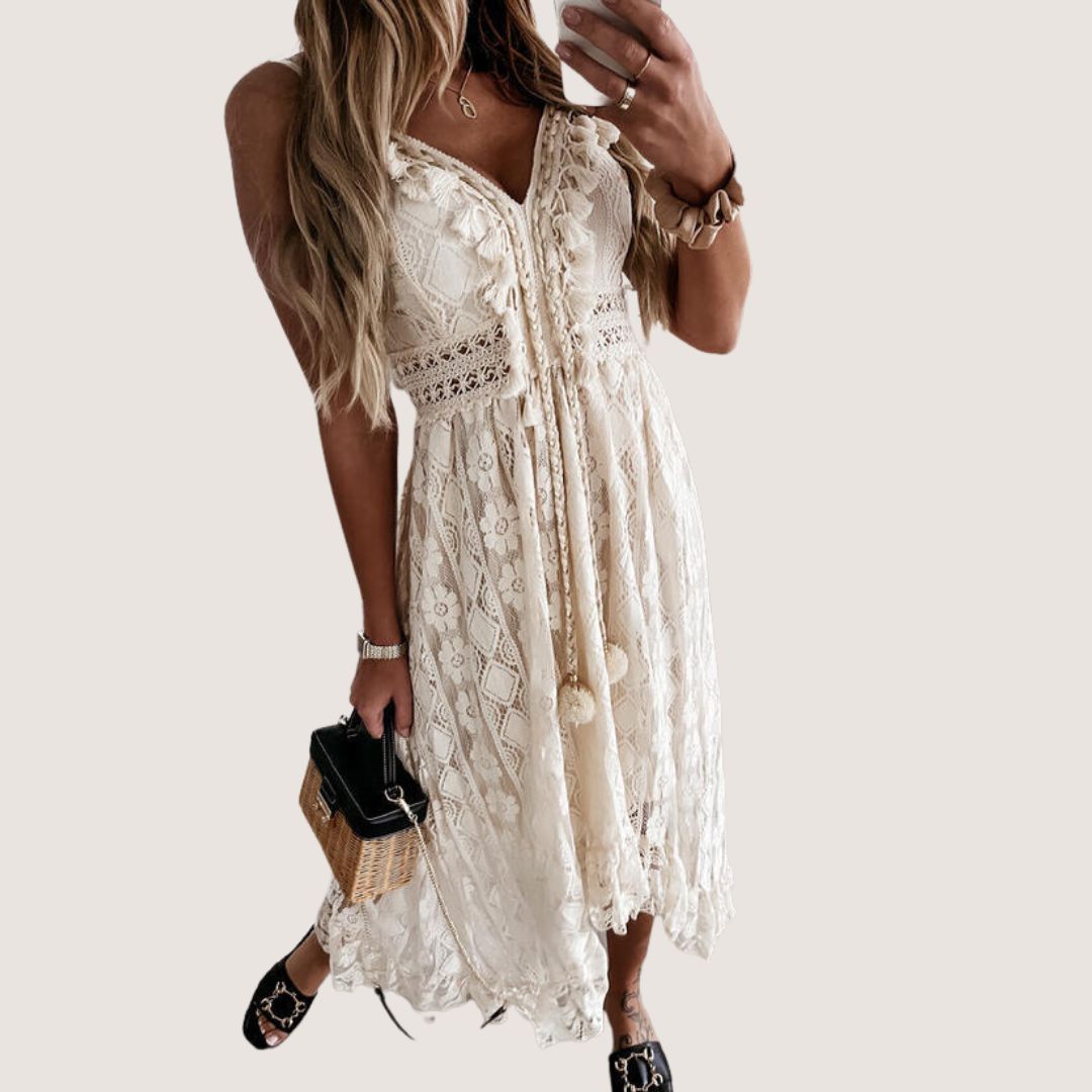 Exclusive Flavia Bohemian Lace Midi Dress with High Low Hem Premium Wardrobe Essential
