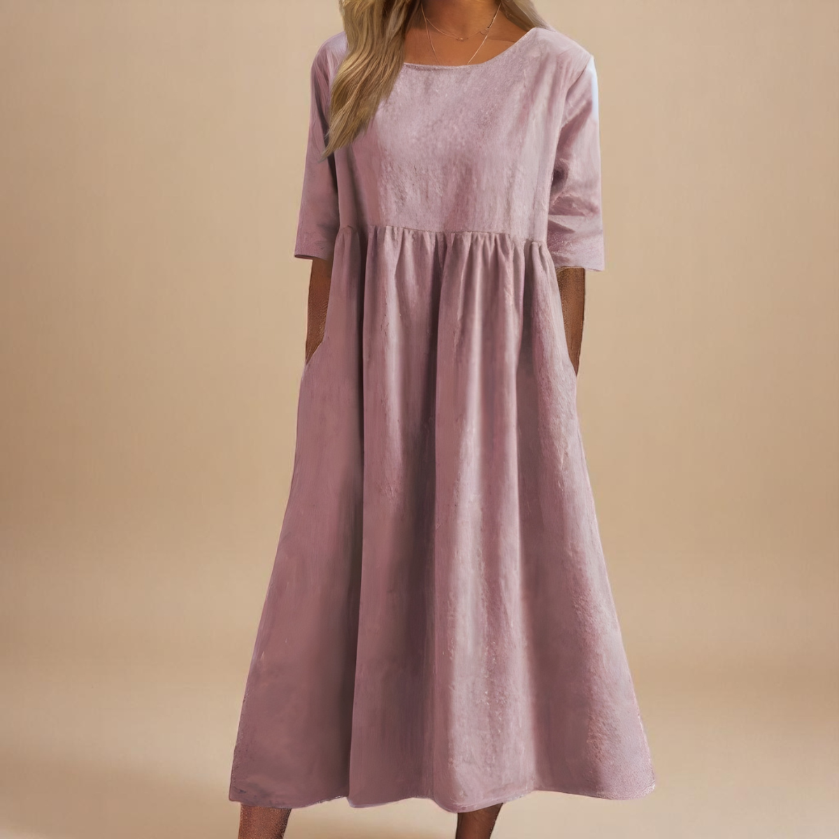 Round Neck Half Sleeve Pocket Babydoll Midi Dress