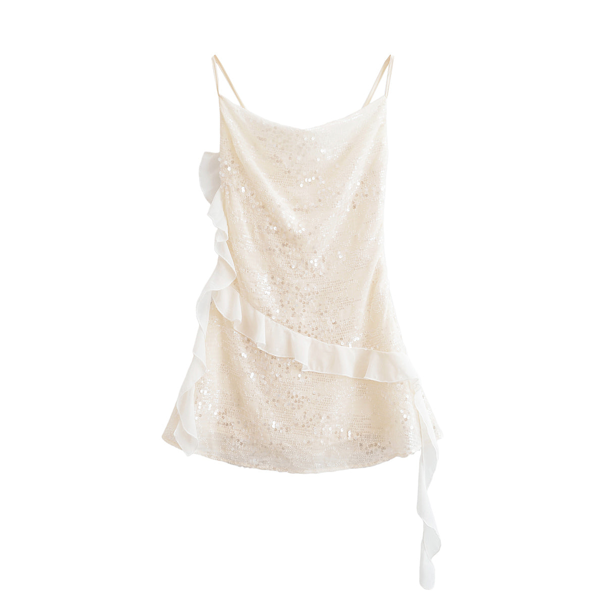 Sequin Cowl Neck Spaghetti Strap Asymmetrical Ruffle Mini Party Dress