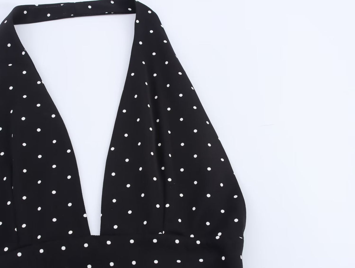 Polka Dot Halter Neck Deep V-Neck Sleeveless A-Line Midi Dress 4