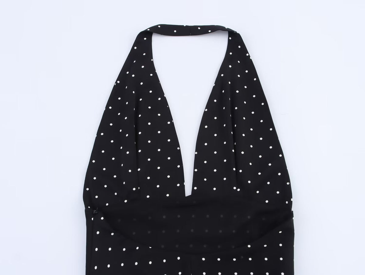 Polka Dot Halter Neck Deep V-Neck Sleeveless A-Line Midi Dress 11