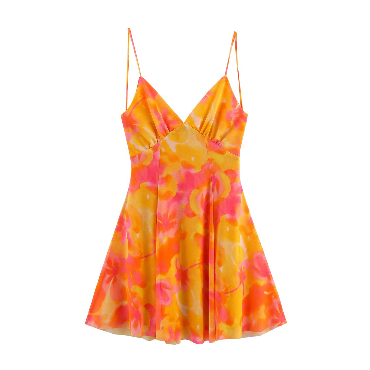 Watercolor Floral Print Mesh V-Neck Cami Fit and Flare Mini Dress 13