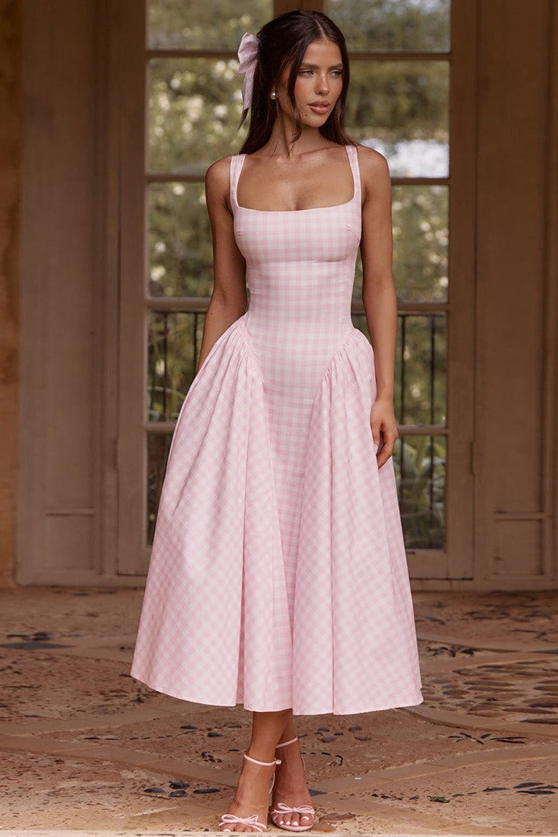 Plaid Square Neck Sleeveless Fit and Flare Midi Dress
