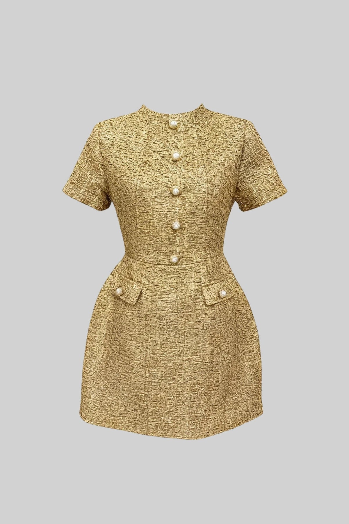 Tweed Mock Neck Short Sleeve Pearl Button A-Line Mini Dress - View 2