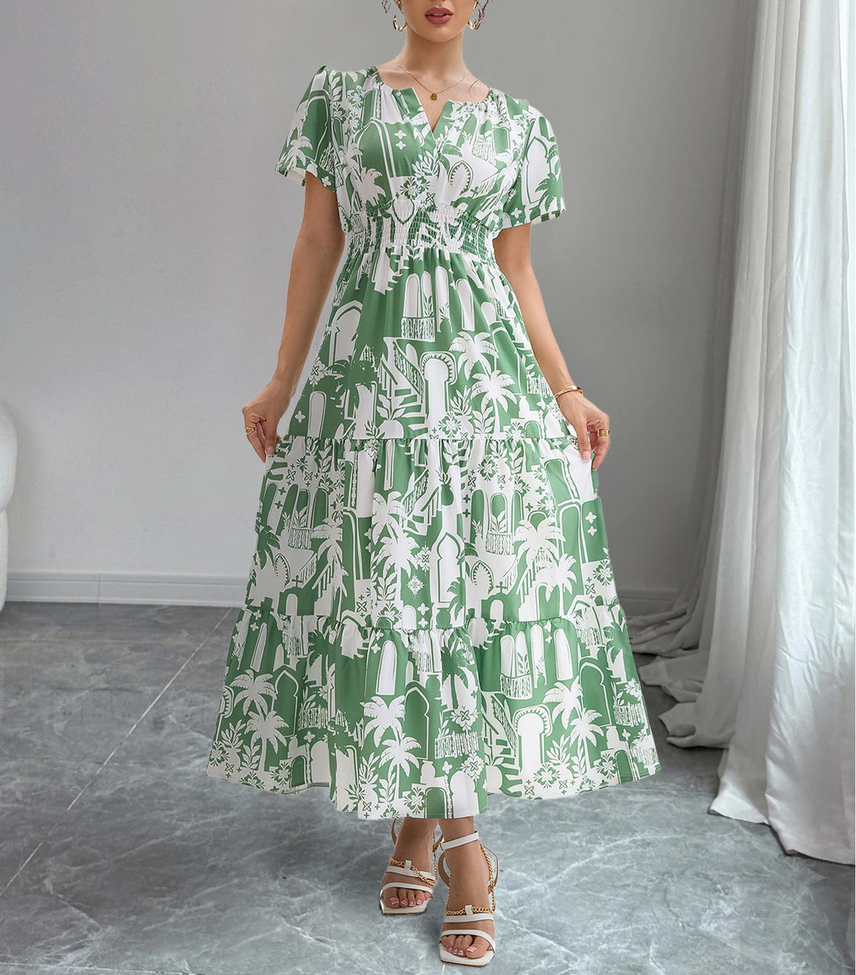 Women Vacation Style Coconut Tree Print Round V Neck Puffed Sleeve Waist Cinching Slimming Layering Patchwork Dress