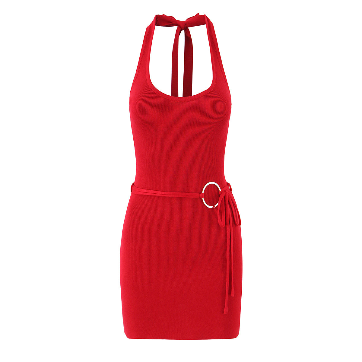 Ribbed Knit Halter Neck Belted O-Ring Bodycon Mini Dress 3
