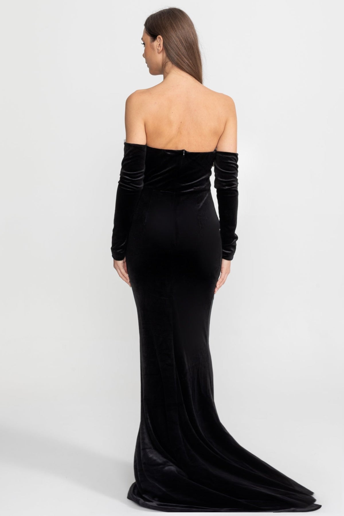 Velvet Strapless Contrast Bow Detached Sleeve Mermaid Maxi Gown 4