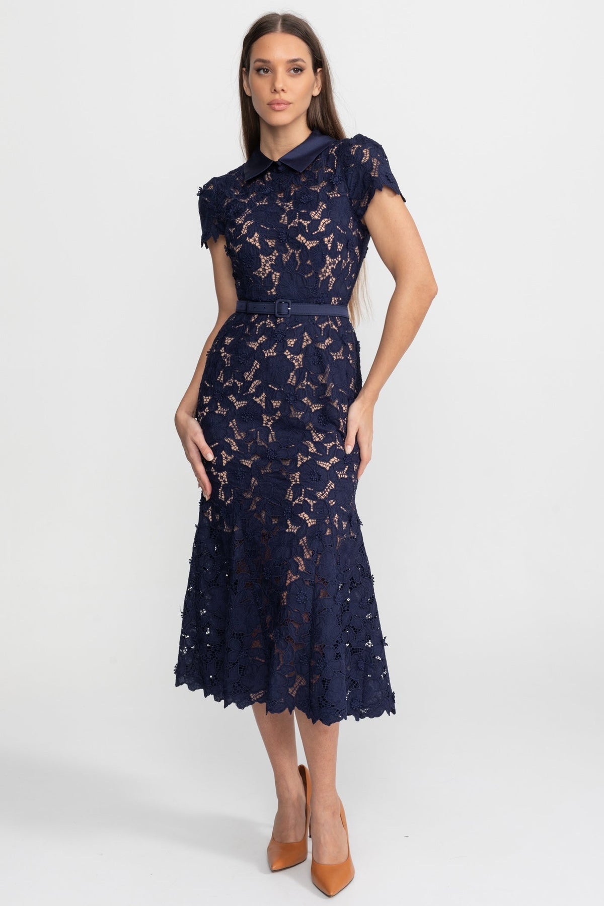 Floral Lace Satin Collar Short Sleeve Belted Flared Hem Midi Dress