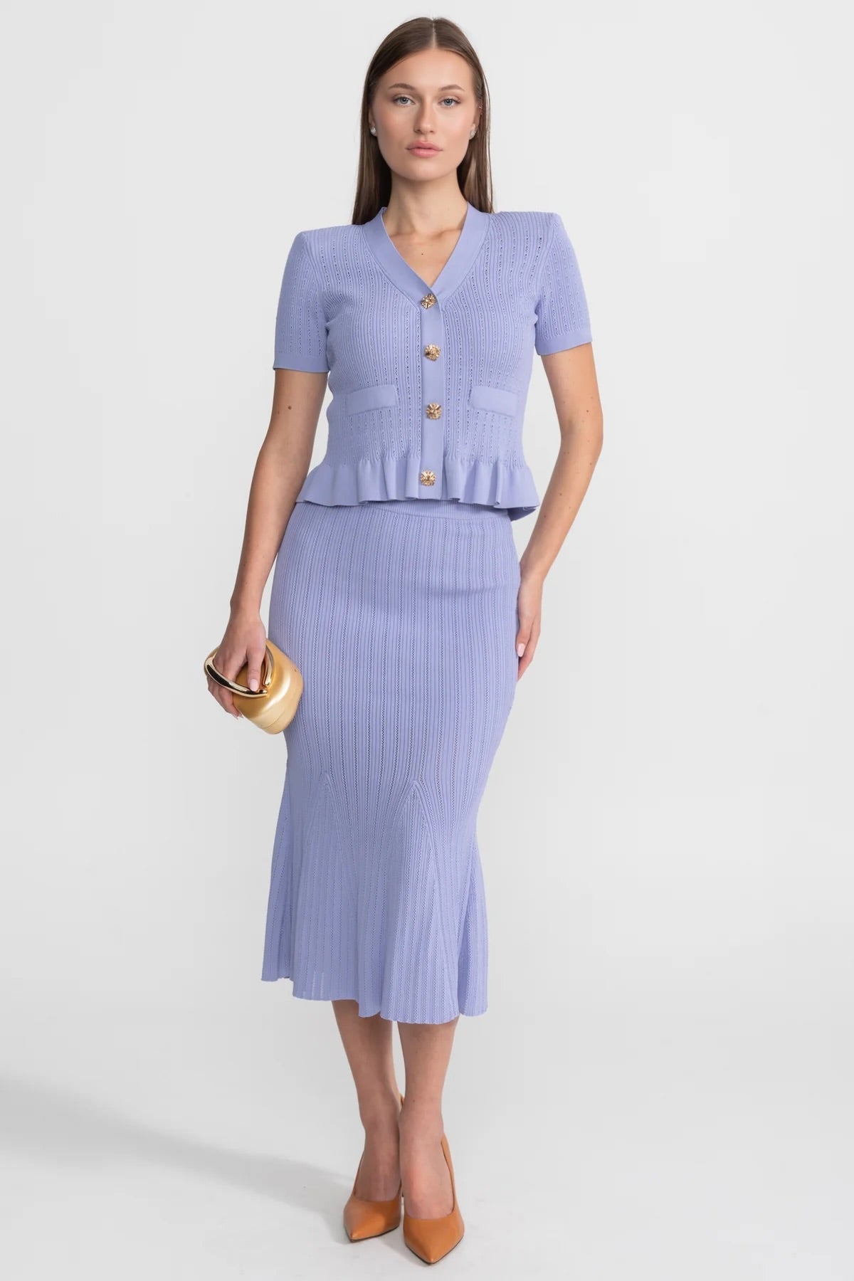 Knit Midi Co-Ord with Peplum Waist and Gold Buttons – Lilac