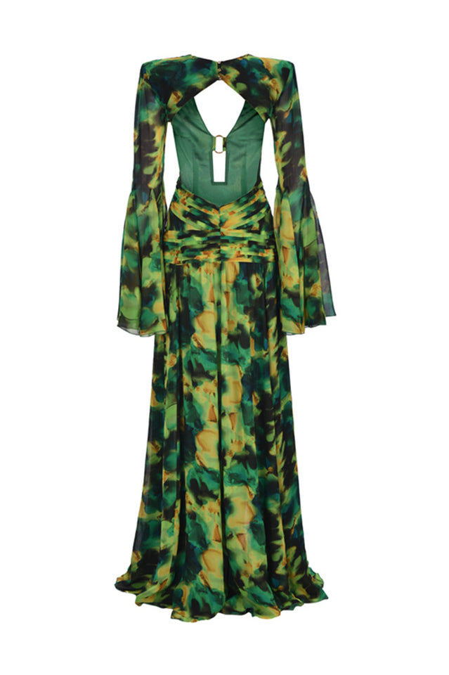 Bell Sleeve Printed Gown