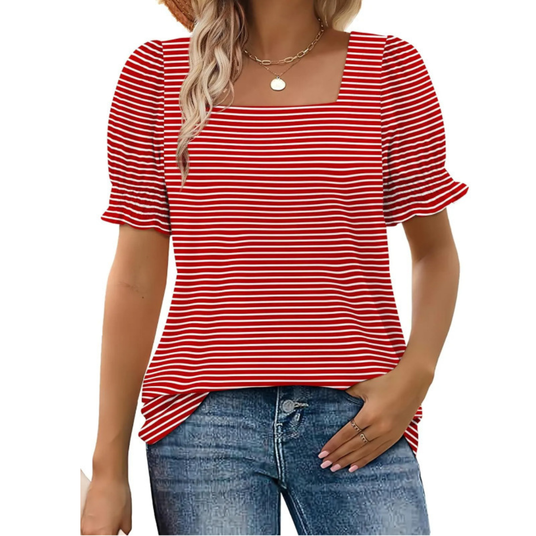 Square Neck Puff Sleeve Striped Top