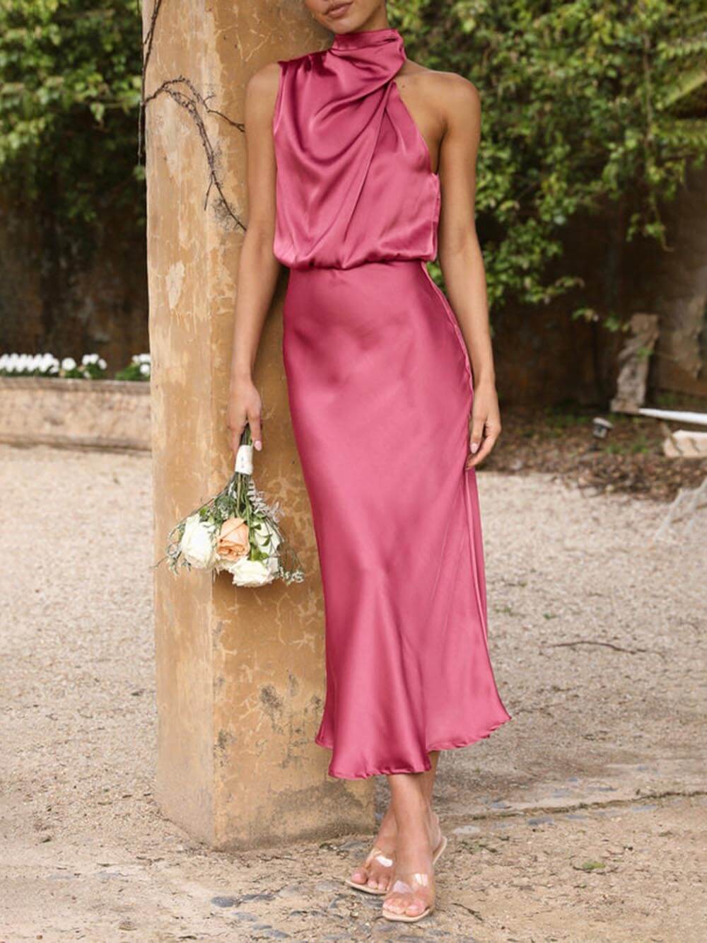 Satin High Neck Sleeveless Ruched Bias Cut Midi Dress