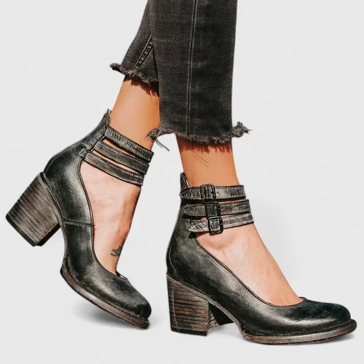 Round Toe Triple Buckle Ankle Strap Block Heel Pumps