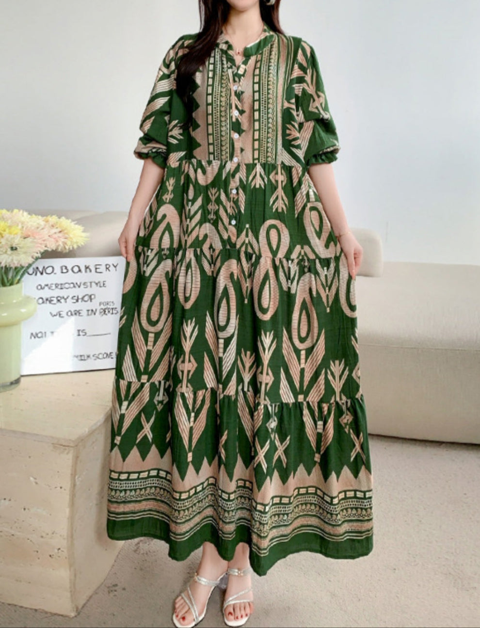 Printed lantern sleeves loose dress Green