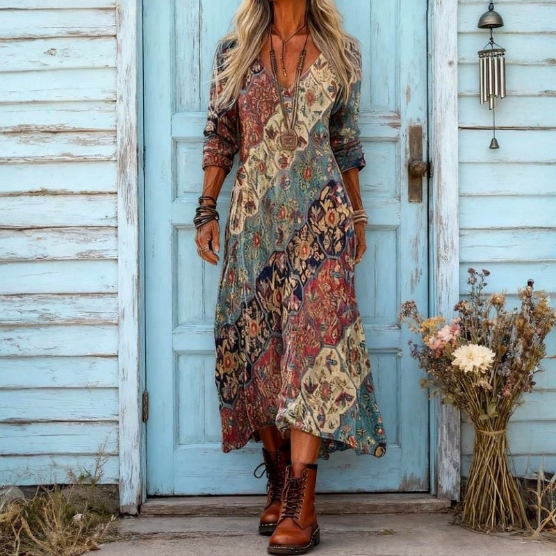 Boho Tapestry Print V-Neck Long Sleeve Maxi Dress