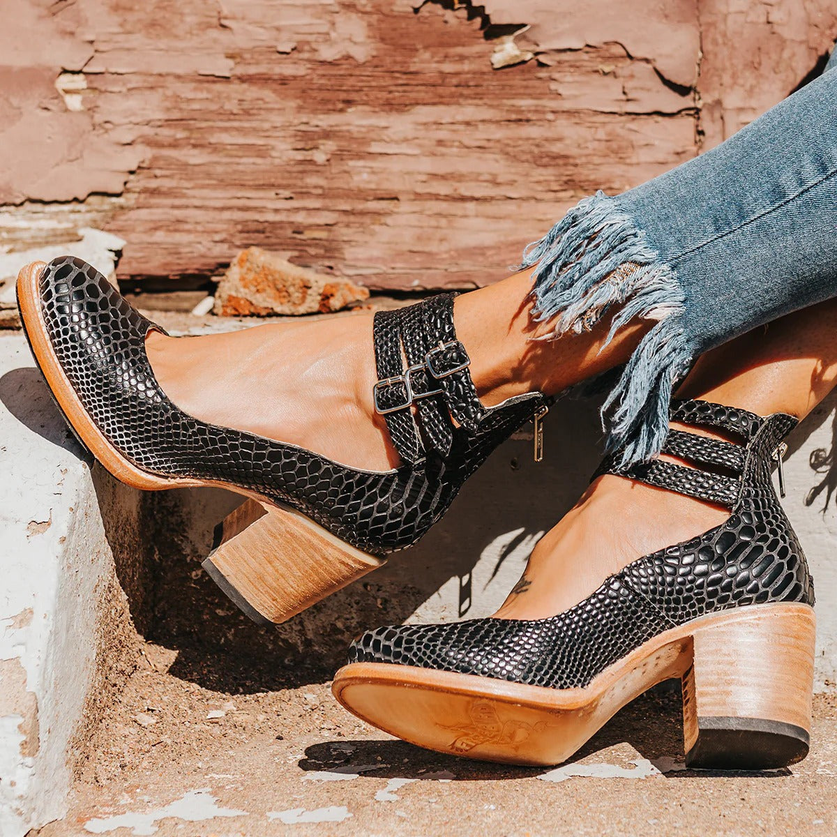 Round Toe Triple Ankle Strap Buckle Block Heel Pumps