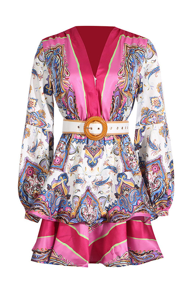 Paisley Print V-Neck Mini Dress With Belt