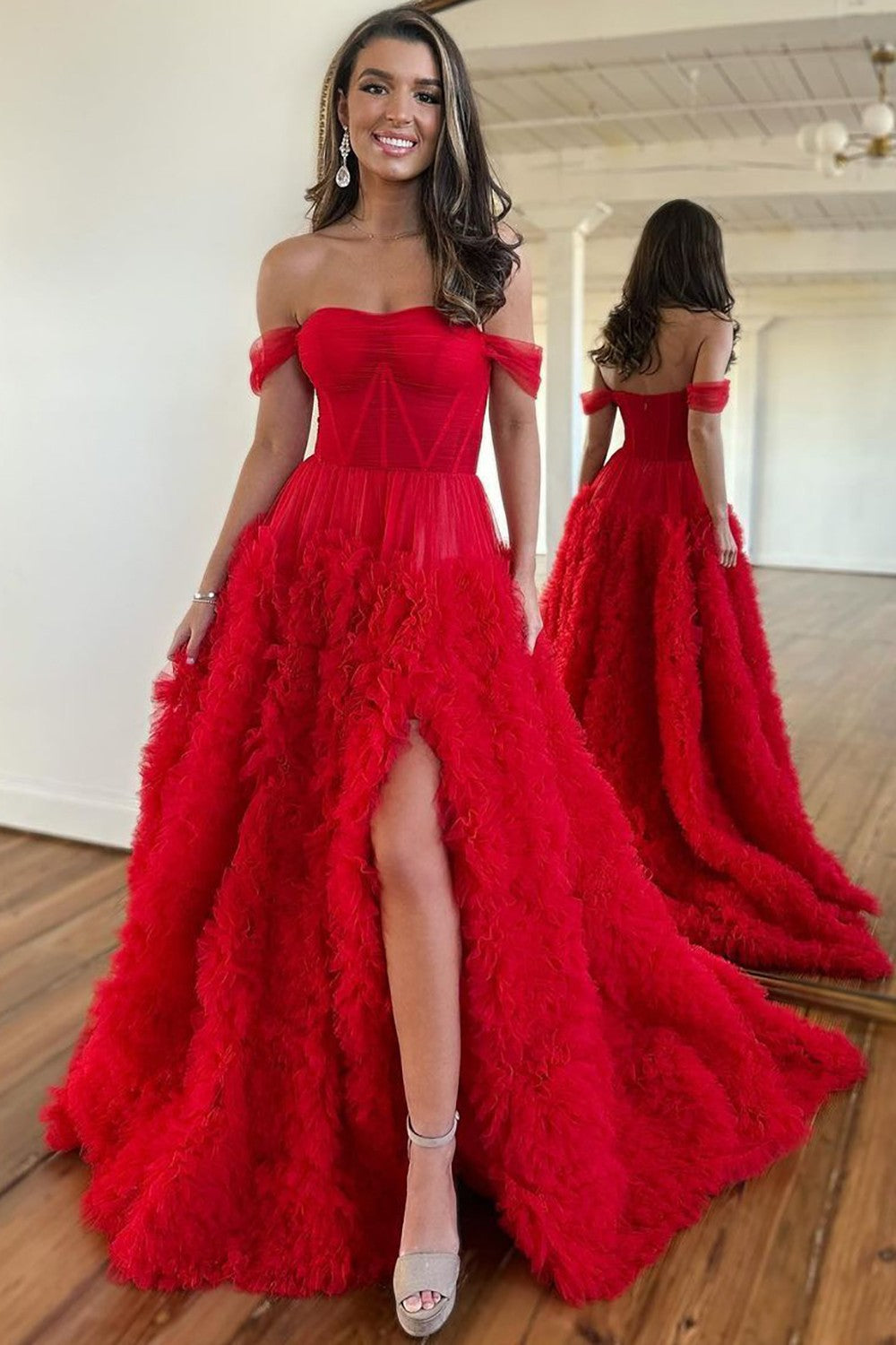 Stunning Princess A-Line Off The Shoulder Long Ruffle Tulle Prom Dress With Split