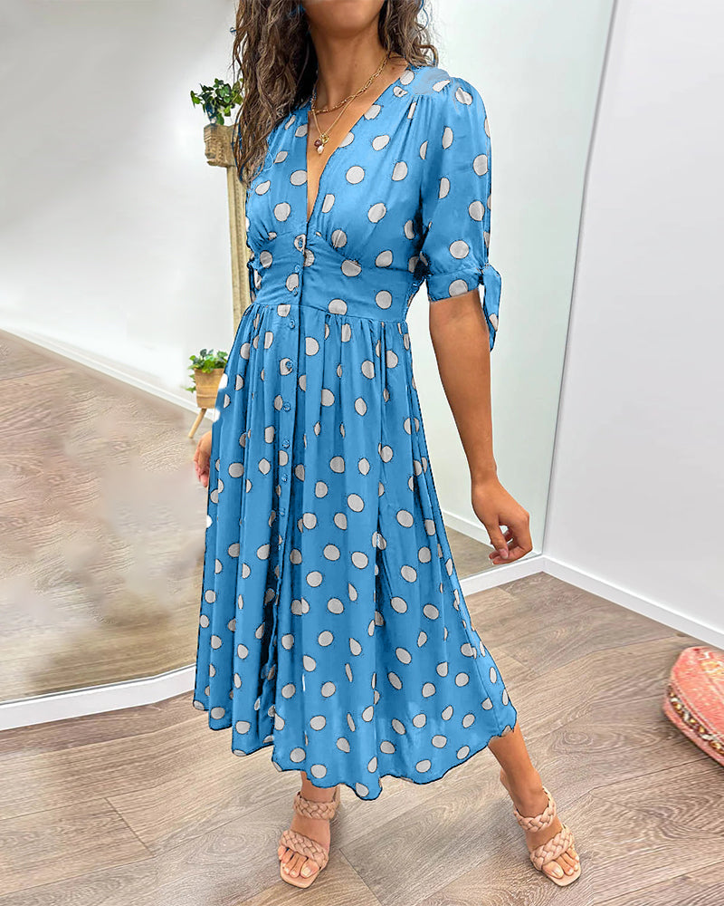 Polka Dot Deep V-Neck Button Front Puff Sleeve Tie Cuff Midi Dress