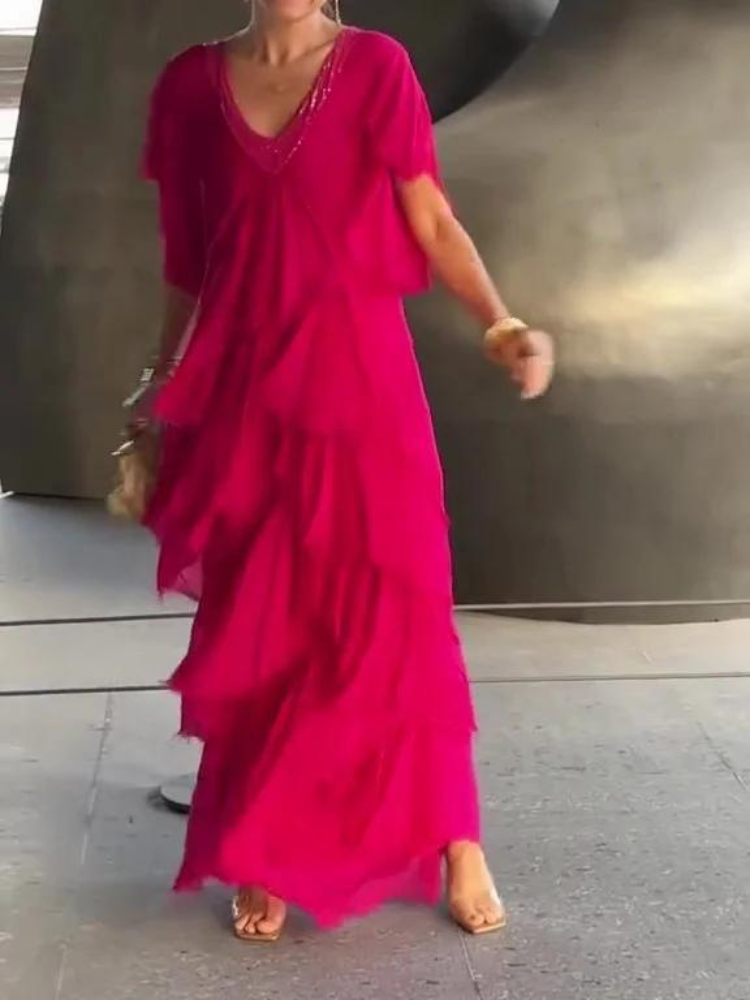 V-Neck Flutter Sleeve Tiered Ruffle Maxi Dress
