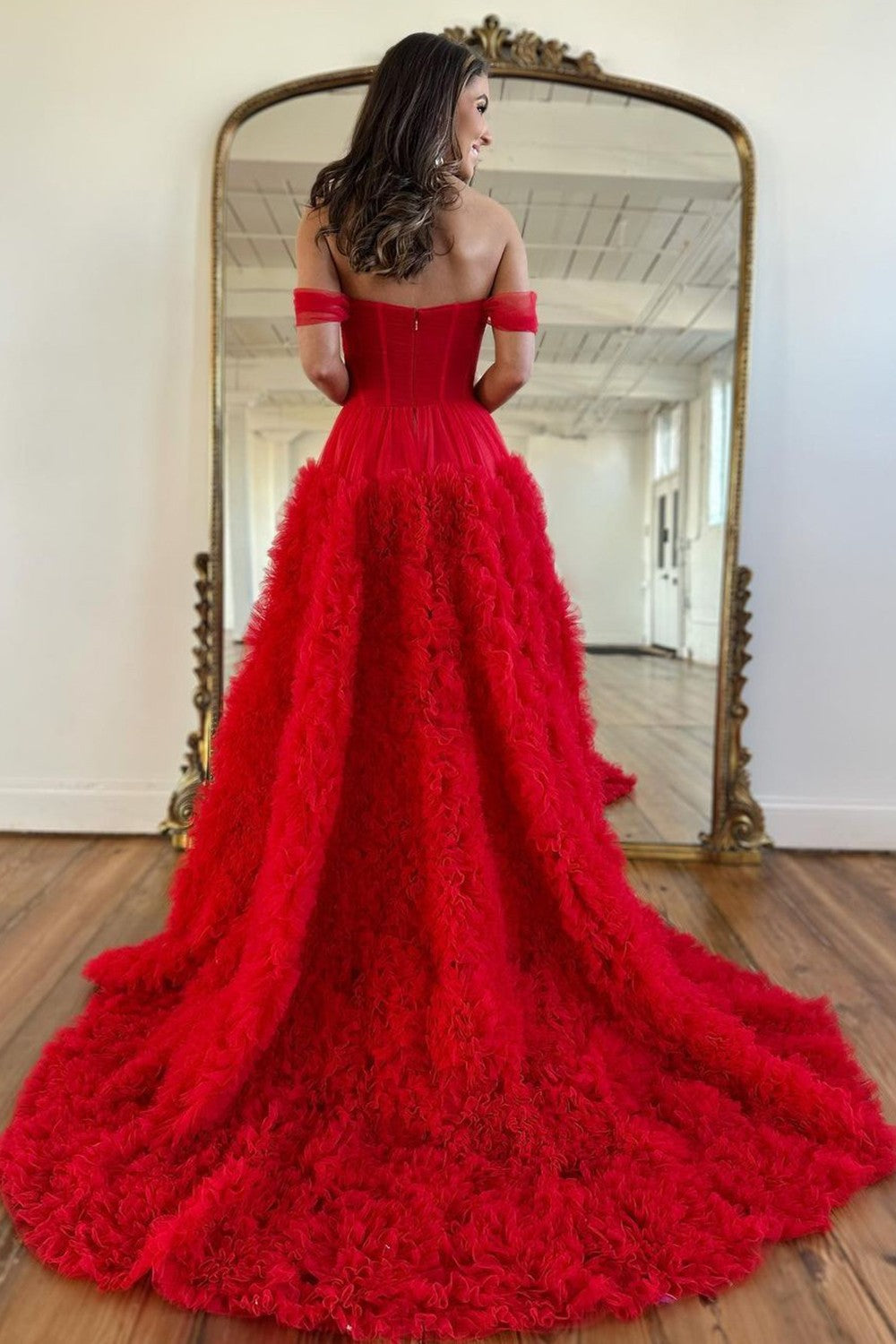 Stunning Princess A-Line Off The Shoulder Long Ruffle Tulle Prom Dress With Split