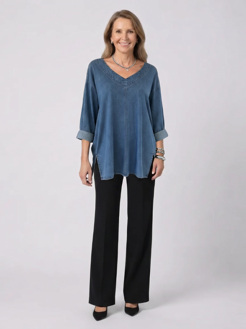 V-Neck Three Quarter Sleeve Denim Look Tunic Top
