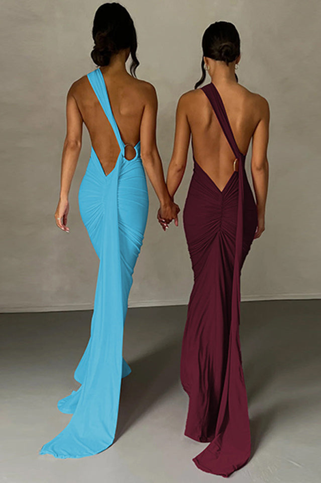 One Shoulder Ruched Open Back Trailing Sash Floor Length Gown
