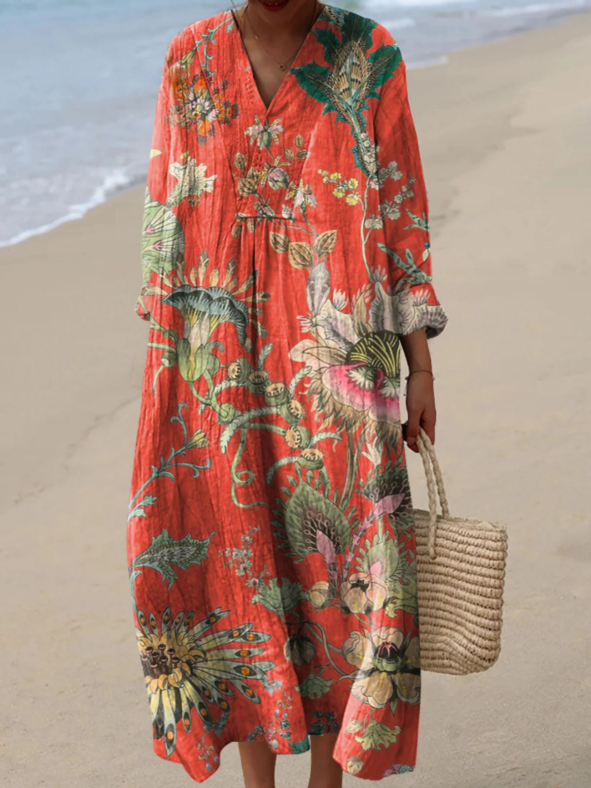 V-Neck Long Sleeve Tropical Floral Print Maxi Dress