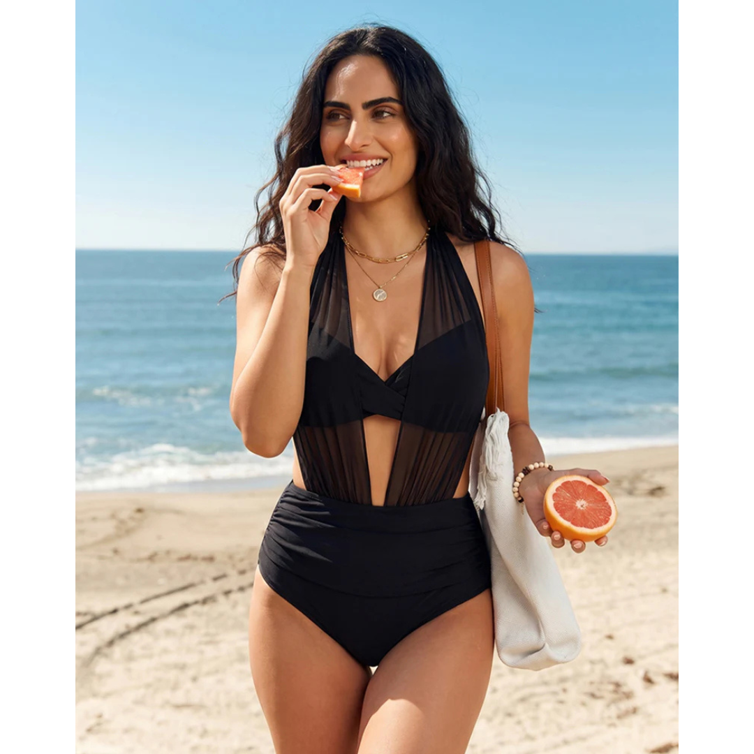Halter Neck Cut Out Ruched One Piece Swimsuit