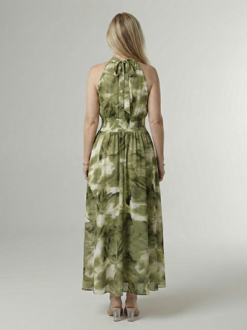 Halter Neck Sleeveless Tie Dye Smocked Waist Maxi Dress