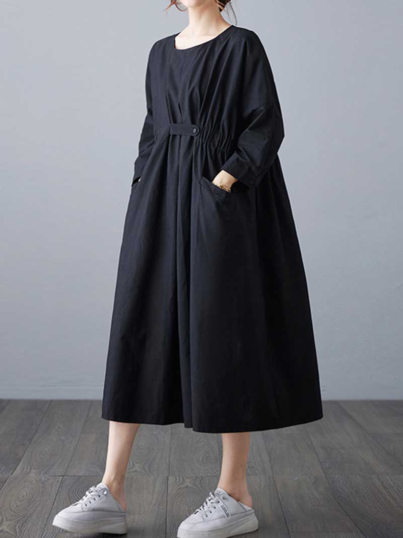 Round Neck Three Quarter Sleeve Gathered Waist Pleated Pocket A-Line Midi Dress