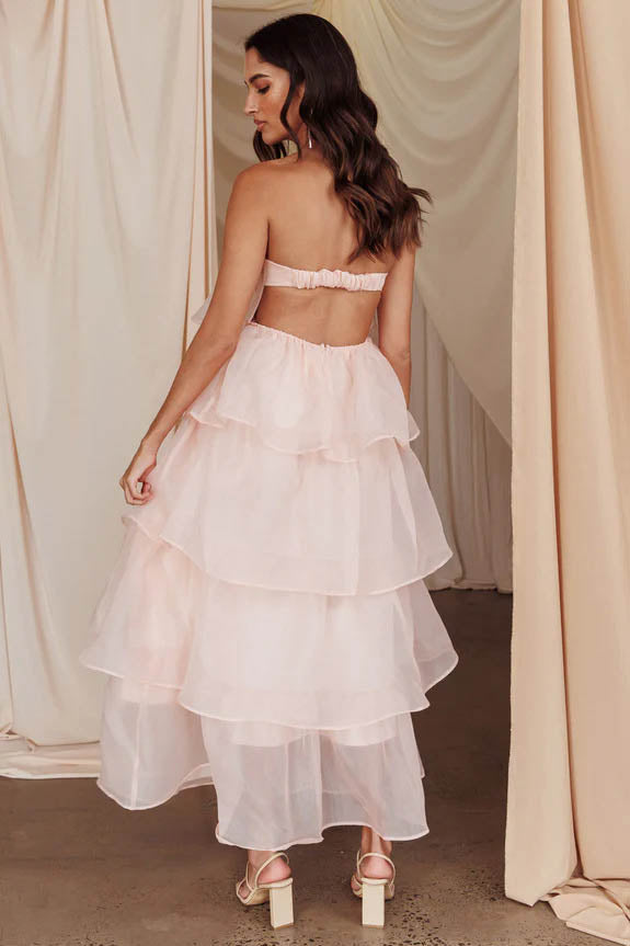 Strapless Backless Tiered Ruffle Organza Maxi Dress